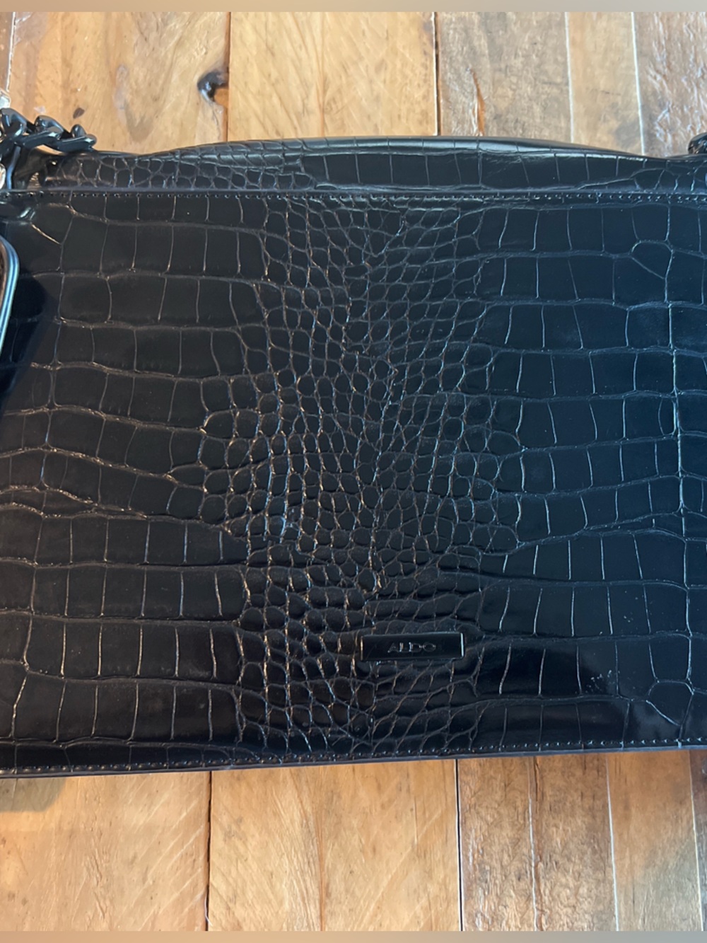 Black Croc Embossed Crossbody Bag w/ Chain Strap & Designer Inspired Strap - Picture 6 of 6